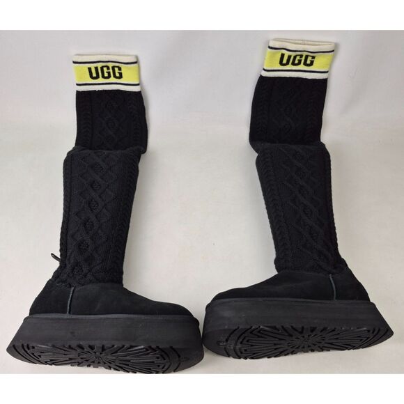 UGG CLASSIC SWEATER LETTER TALL KNIT SUEDE BLACK PLATFORM  UGG Women\'s Black Classic Sweater Letter Logo Tall Platform Boots Size 11 US